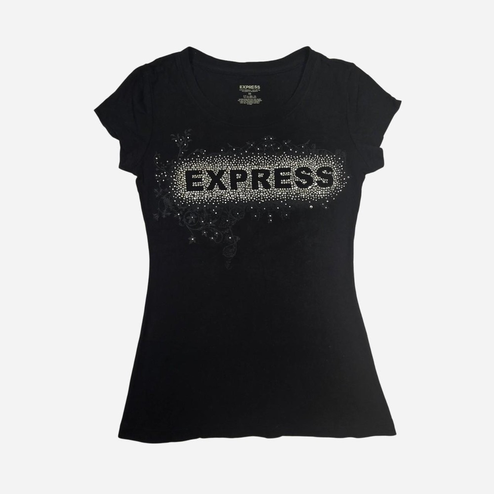 y2k black baby tee / rhinestone "Express" logo / cotton / XS / mcbling, 2000s
